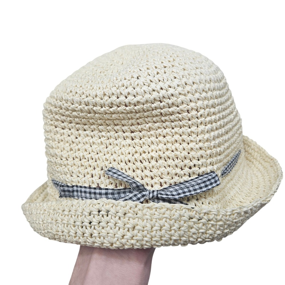 Straw Fedora Hat Woven Tan Gingham Ribbon Bow Summer Beach Vacation Resortwear‎